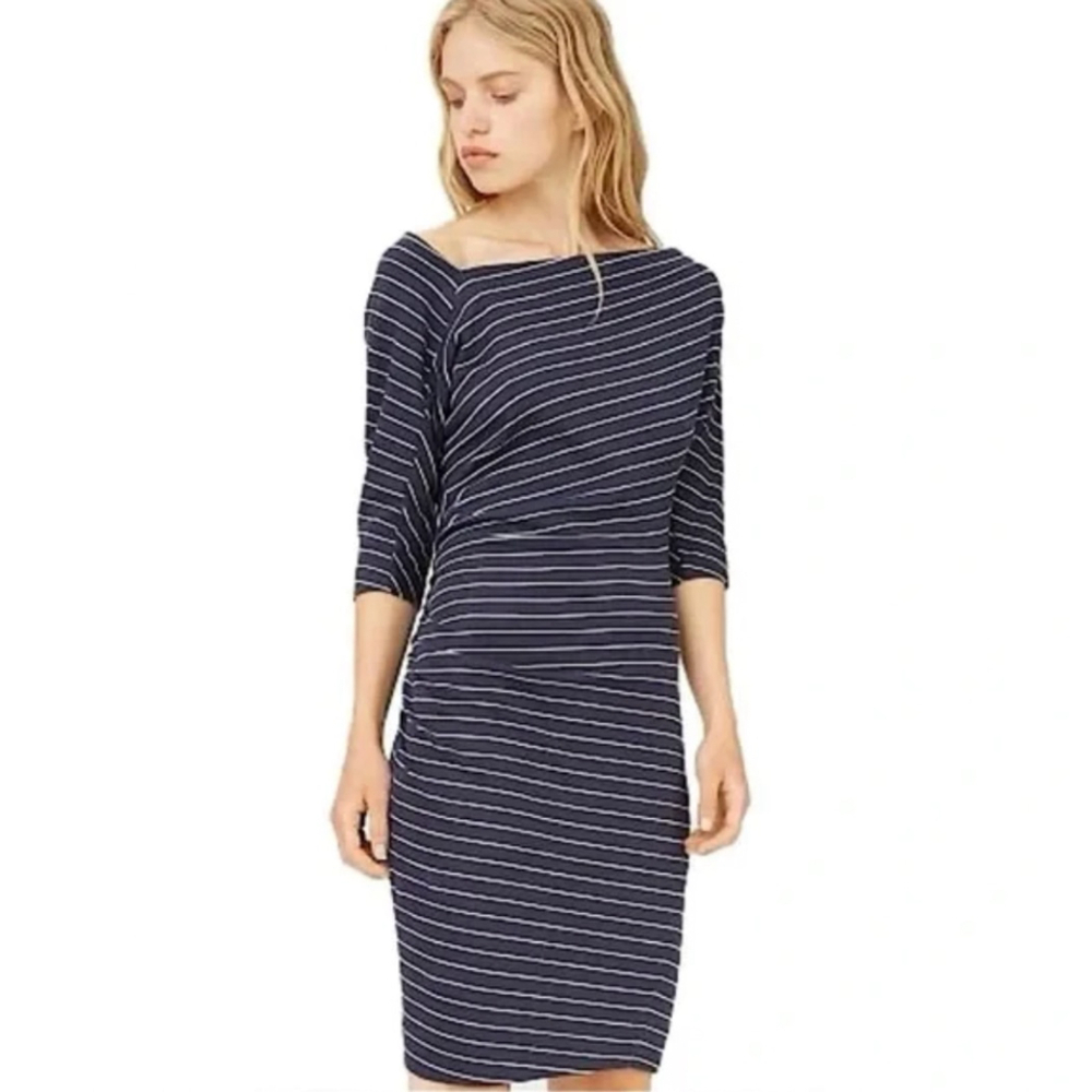 Club Monaco Galora Navy Striped Jersey Knit Asymmetric Ruched Midi Dress Size S
